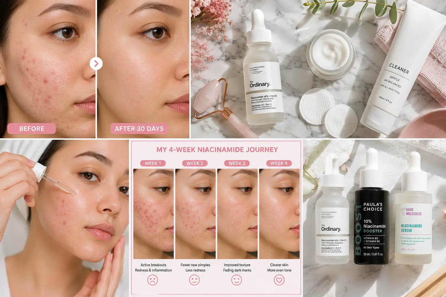 Before and after photo showing niacinamide serum results for acne treatment after 30 days of daily use