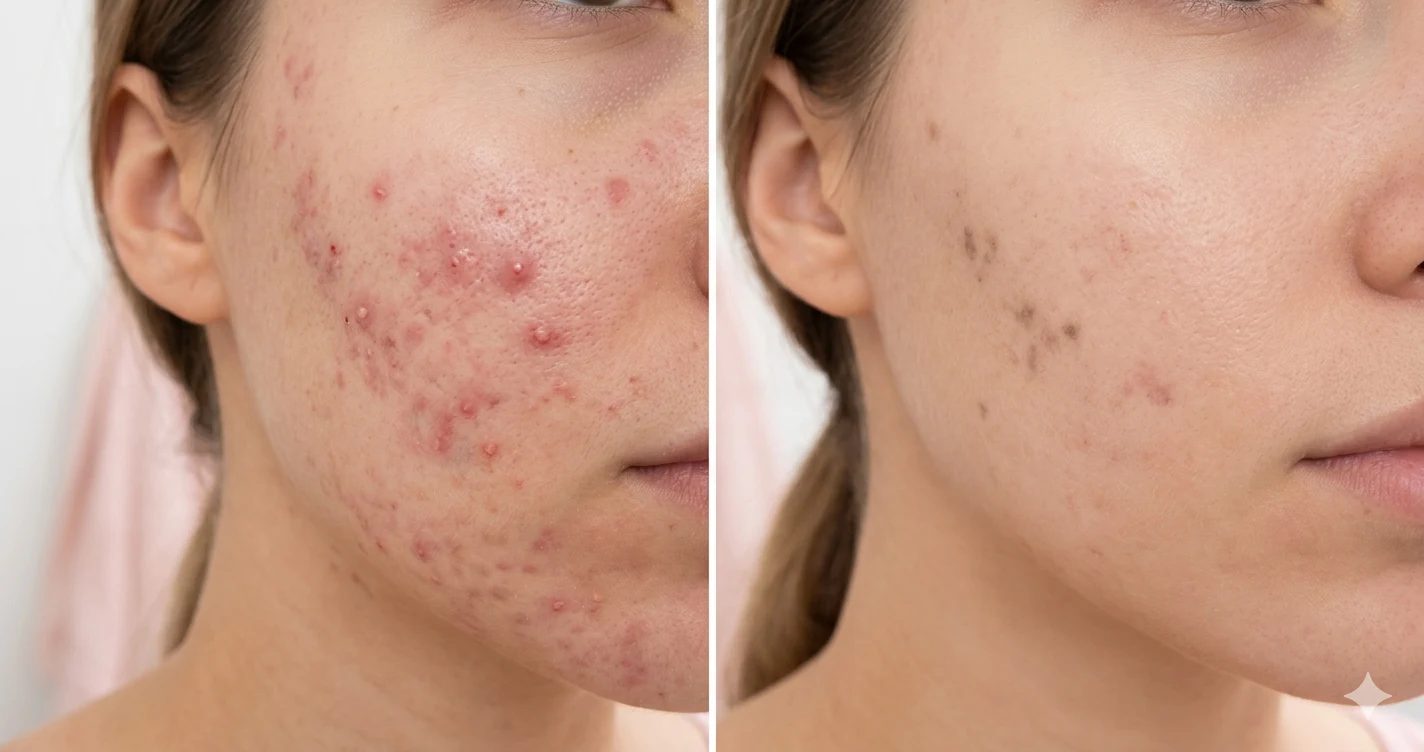 Before and after photo showing woman's clear skin transformation after using natural tea tree face wash for 30 days