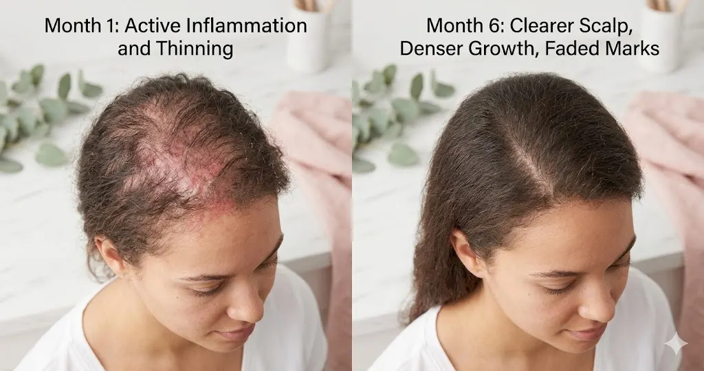 Before and after hair growth comparison showing visible regrowth and reduced hair thinning.