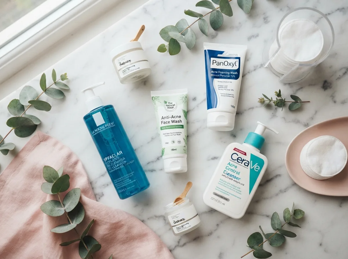 Flat lay of dermatologist-recommended acne face wash products including La Roche-Posay, PanOxyl, and CeraVe arranged on marble with eucalyptus and cotton pads.