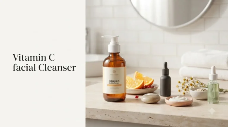 Comparison chart showing five types of vitamin C for face wash including L-ascorbic acid, ascorbyl glucoside, sodium ascorbyl phosphate, ethyl ascorbic acid, and magnesium ascorbyl phosphate with skin type recommendations