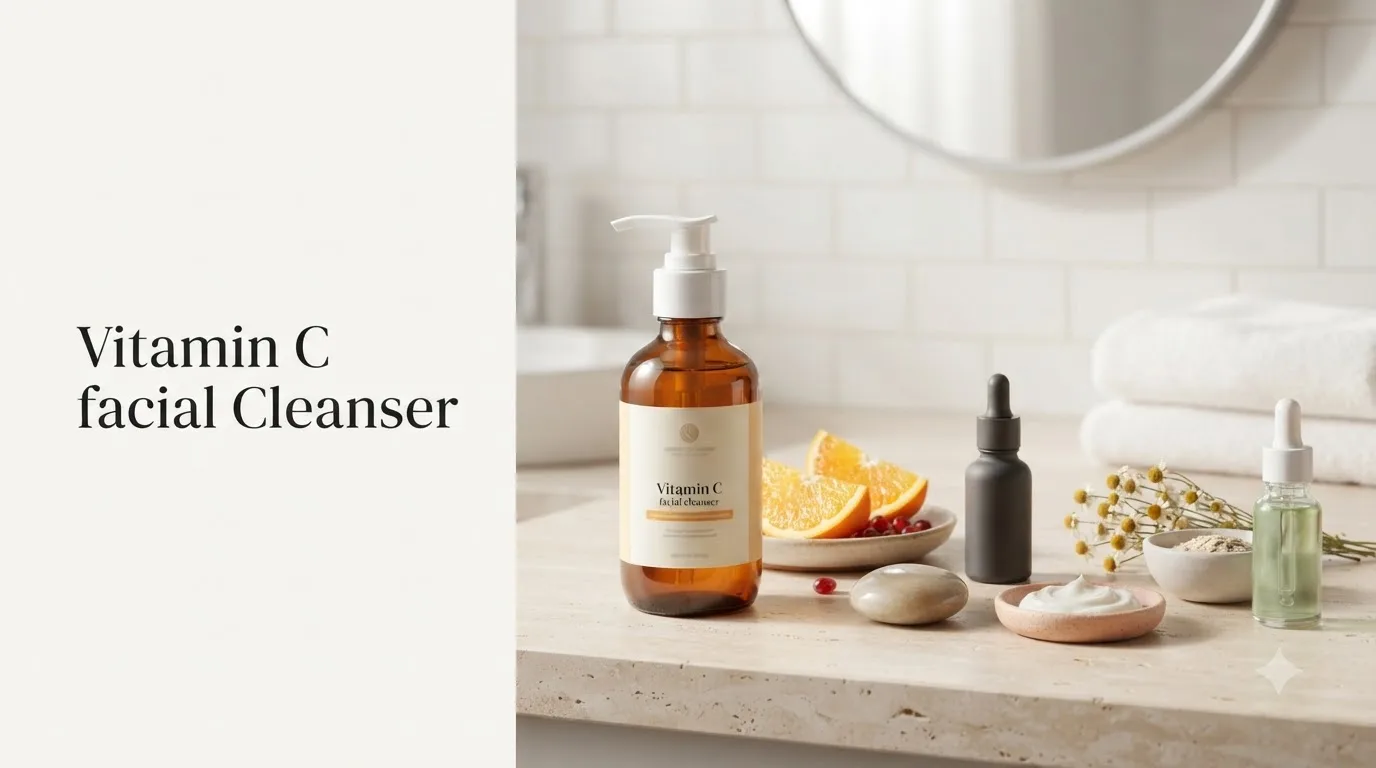 Comparison chart showing five types of vitamin C for face wash including L-ascorbic acid, ascorbyl glucoside, sodium ascorbyl phosphate, ethyl ascorbic acid, and magnesium ascorbyl phosphate with skin type recommendations