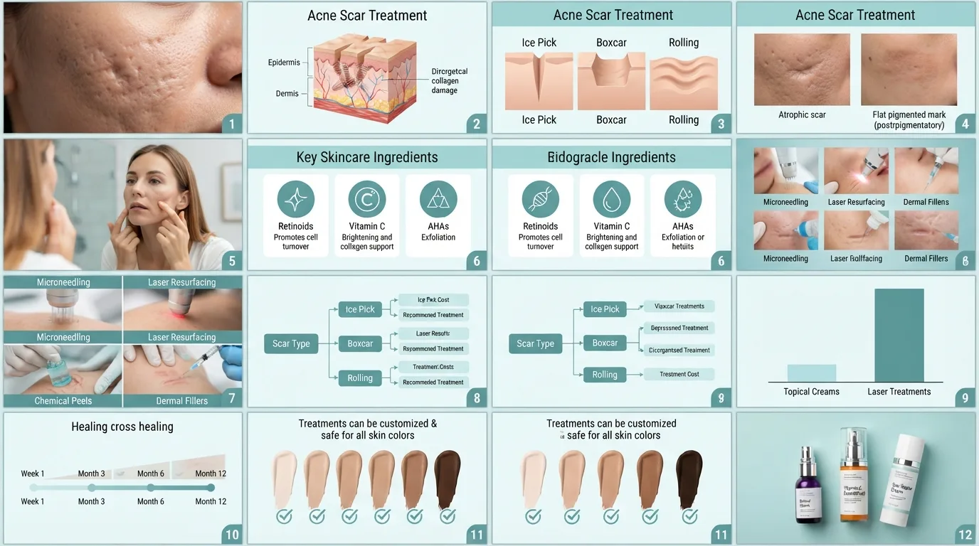 Close-up of an acne treatment serum being applied to skin with acne scars and post-acne marks.